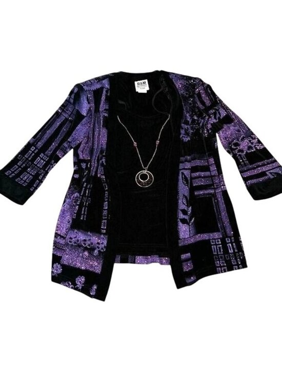 R&M Richards Tops - R&M Richards Petite 2-Piece Outfit Black Velvet Tank & Purple Glitter Jacket Siz